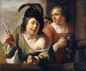 A Young Toper and a Serving Maid Drinking on a Balcony