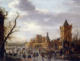 A View of Kasteel Batestein Vianen, in Winter with a Gentleman, his Wife and Retinue Watching Winter Sports on the Ice