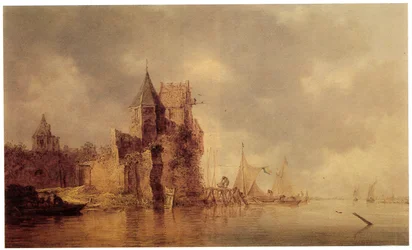 A Medieval Tower on a Castle Rampart with Sailing Ships at a Jetty and a Rowing Boat in the Foreground