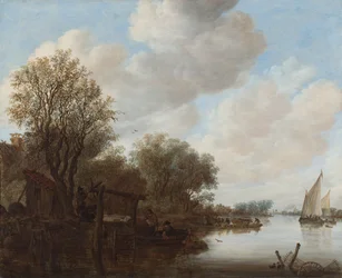 A River Landscape with Figures Beside a Sluice, a Ferryboat Beyond and a Church Spire in the Distance