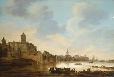 A Town on the Banks of a River, with a Ferry