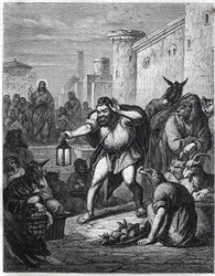 Esop and Christ: the Greek writer Esop (Esop or Esopus, 6th century BC), with a lantern in his hand, crosses a walk among characters with heads of animals in search of a man. Behind him we see Jesus Christ. Illustration inspired by the fable Esope a un