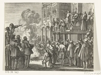 Jacob van Campen with a mitre on his head on the scaffold in Amsterdam, 1535