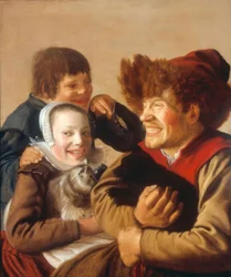 A Man Baring His Teeth with a Dog and a Girl with a Cat