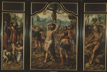 Triptych of the Martyrdom of Saint Sebastian (center panel): Saint Roch (left panel), Saint Onuphre (right panel), Saint Peter (reverse of right panel), Saint Stephen (reverse of left panel), between 1525 and 1566
