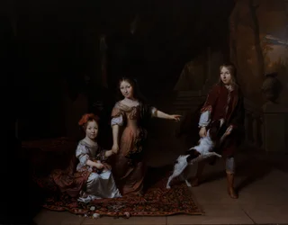 Children Playing with a Dog in a Living Room