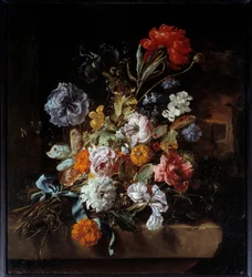 Bouquet of Flowers Deposited on a Stone Bench