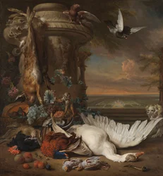 Hunting and Fruit Still Life next to a Garden Vase