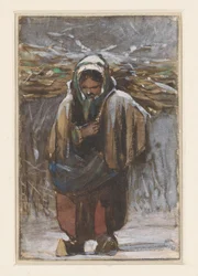 Peasant Woman with Firewood on Her Back in Winter Landscape