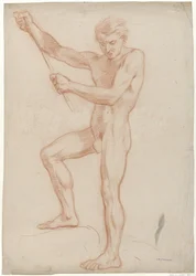 Standing Male Nude Holding a Stick with Raised Arms