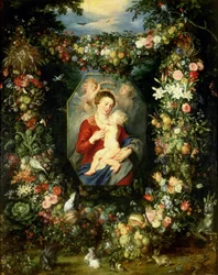The Virgin and child in a garland of fruit and flowers