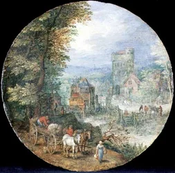 An Extensive Wooded Landscape with Town, Mill and Peasants