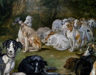 Dogs (detail) from Diana and Nymphs on point of leaving