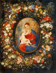 The Virgin, the Child Jesus and angels amidst a garland of flowers. Medallion Rubens