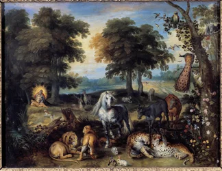 The Earth Paradise Different animals cohabiting in the Garden of Eden, at the bottom to the left, God creates Eve from a side of Adam.