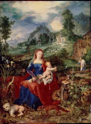 The Holy Family with Virgin animals flipping through a book, and holding the child Jesus, surrounded by a dog, fox, birds, crab, owl, parrot, frog, snail and iris. Painting by Jan Breugel the Elder