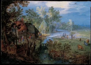 Village with peasants and animals