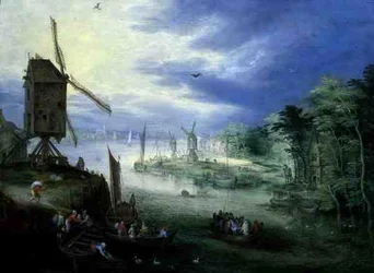 River Landscape with Windmills