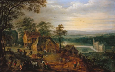 Village Street with Figures and Carts, a Moated Castle in the Background
