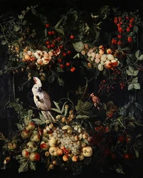 Swags of fruit with flowers round a cartouche with a sulphur-crested cockatoo