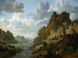 Rocky landscape with resting travelers