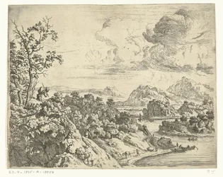 River Landscape with Man Carrying a Pack