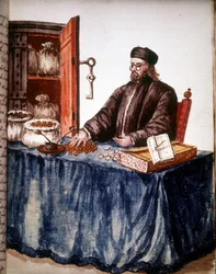 A banker in Venice. Watercolour drawing and ink from the manuscript 
