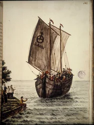 Boat of the pilgrims. Watercolour drawing and ink from the manuscript Customs of the Venitians by Jan van Grevenbroeck (or Giovanni Grevembroch) (1731-1807)
