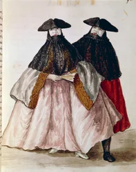 Carnival characters in Venice, illustration from Illustrated book of Venetian costumes, by Jan Grevenbroeck, watercolour, Italy