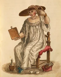 Lady putting on her make-up, from illustrated book of costumes