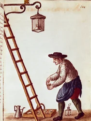 Small trade: lighting lamps. Watercolour drawing and ink from a manuscript by Jan van Grevenbroeck (1731-1807)