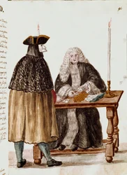 The game room: a character masks in front of the dealer pulling cards, coins are collected on the table