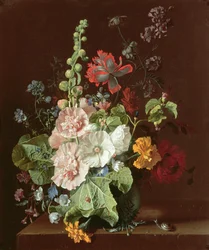 Hollyhocks and Other Flowers in a Vase
