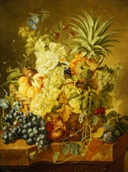 Plums, a Peach, Grapes, a Melon, a Pineapple, a Fig, Currants, Cherries and Flowers in a Basket, and Grapes, a Pomegranate, Plums and a Fig, with Butterflies on a Stone Ledge