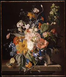 Poppies, Hollyhock, Morning Glory, Viola, Daisies, Sweet Pea, Marigolds and Other Flowers in a Vase with a Snail on a Ledge