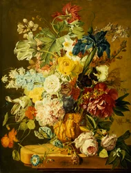 Roses, Peonies, Tulips, Morning Glory, an Iris, Columbine, a Poppy, Jonquils and Other Flowers in a Carved Urn on a Stone Ledge