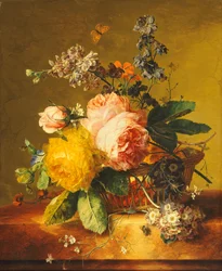 Roses and other Flowers in a Basket on a Marble Ledge