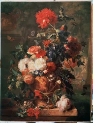 Flowers. Also depicted are a nest with eggs and insects (including butterfly, fly, ant, and ladybug). Painting by Jan van Huysum (1682-1749) 1722 Hermitage Museum, Saint Petersburg