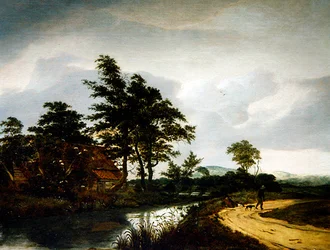 A River Landscape with a Cottage, Two Peasants and their Dog