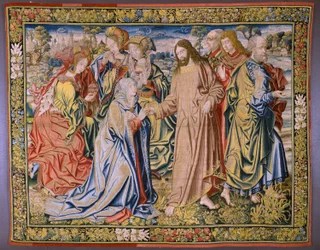 Flemish Tapestry. Series Heaven of Charles V. Christ is Saying Goodbye to His Mother. Cartoonist Jan van Coninxloo. Manufacture of Julien Portois, Mechelen (Malines). Ca 1521.
