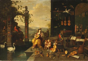 A Personification of Music: A Young Woman Playing a Lute on a Terrace Before an Open Gallery