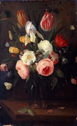 Roses, Tulips and other Flowers in a Glass Vase, with Insects, on a Table