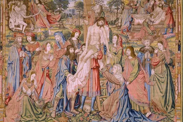 Flemish Tapestry. Series The Passion of Christ: Descent from the Cross. Manufacture Pieter van Aelst. Cartoonist Jan van Roome. Ca 1507-1520. (Detail)