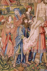 Flemish tapestry. Series The passion of Christ: Descent from the cross. Manufacture Pieter van Aelst. Cartoonist Jan van Roome. Ca 1507-1520 (detail)