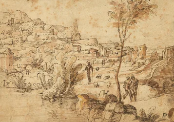 Landscape with Shepherds by a River and a Town Beyond; Figure Studies and Roman Ruins