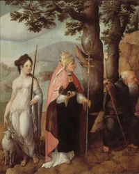 Triptych with The Entry of Christ into Jerusalem, Saints and on the Outside of the Wings, Patrons of the Van Lokhorst Family