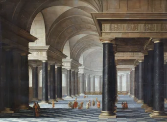 The interior of a church with black marble columns and figures in antique dress