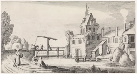 Figures by a Drawbridge in Front of a Village with Church Tower