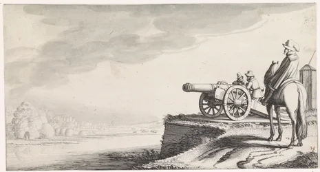 Rider and Two Soldiers by a Cannon on a Riverbank
