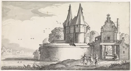 Soldiers at a Fort and a City Gate by a River (series title: Pleasant Landscapes and Delightful Sights)